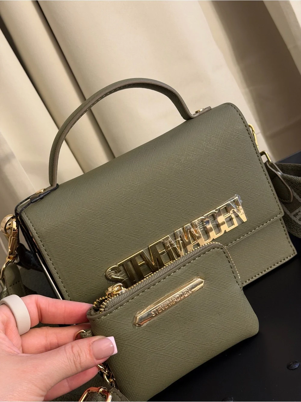 Steve Madden Olive Green Top-Handle Crossbody with Gold Logo